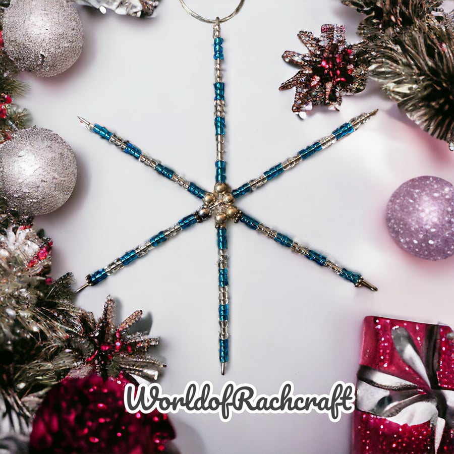 Teal, silver & clear beaded snowflake tree ornament