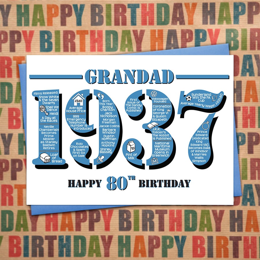 Happy 80th Birthday Grandad Year of Birth Greetings Card - Born in 1937 - Facts