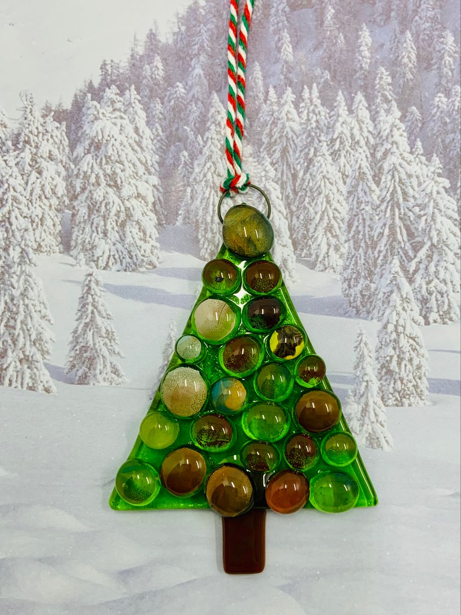 Handmade Fused Glass Xmas Tree Hanging Christmas Decoration 