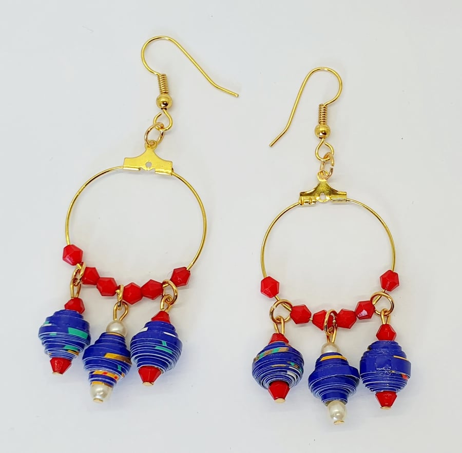 Red, white and blue paper beaded hoop earrings