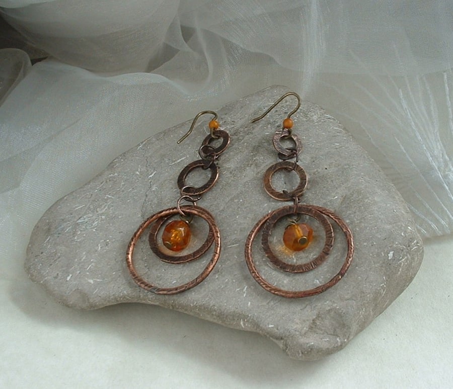 "Copper Circles" Rustic Textured Copper Dangle Earrings with Vintage Amber Beads