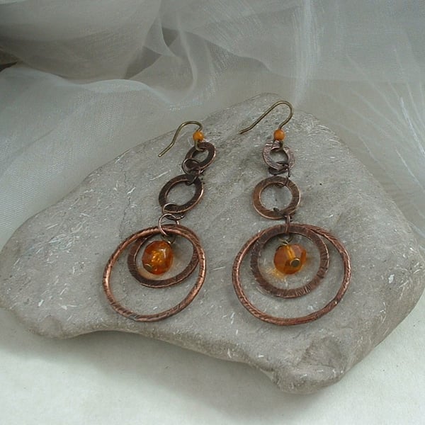 "Copper Circles" Rustic Textured Copper Dangle Earrings with Vintage Amber Beads