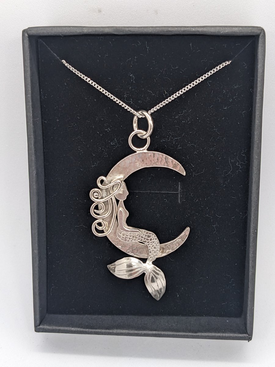 'Mermaid on a Silver Moon' pendant, Silver mermaid necklace, Celestial necklace