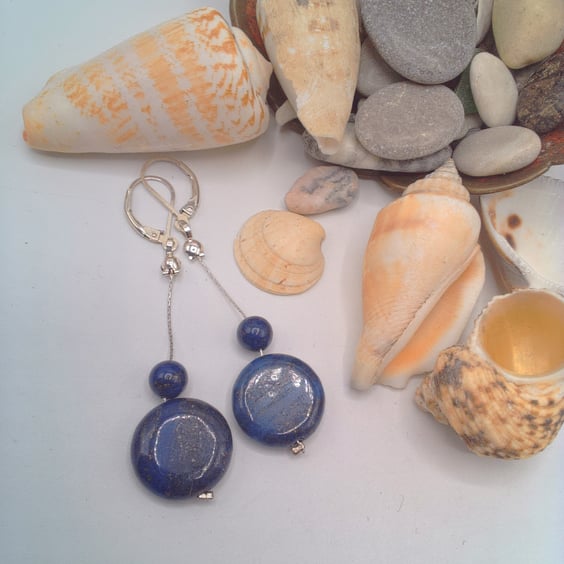 Cobalt Blue Lapis Lazuli Beads and Silver Crimping Chain Earrings, Gift for Her