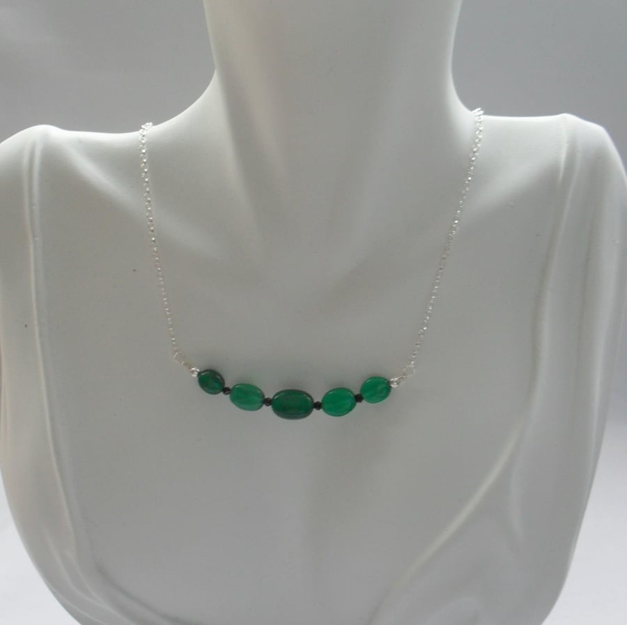 Green Onyx and Black Spinel Sterling Silver Bar Style Necklace