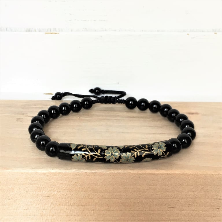 Japanese Art Upcycled Hand Painted Gold and Black Flower Design Onyx Bracelet 