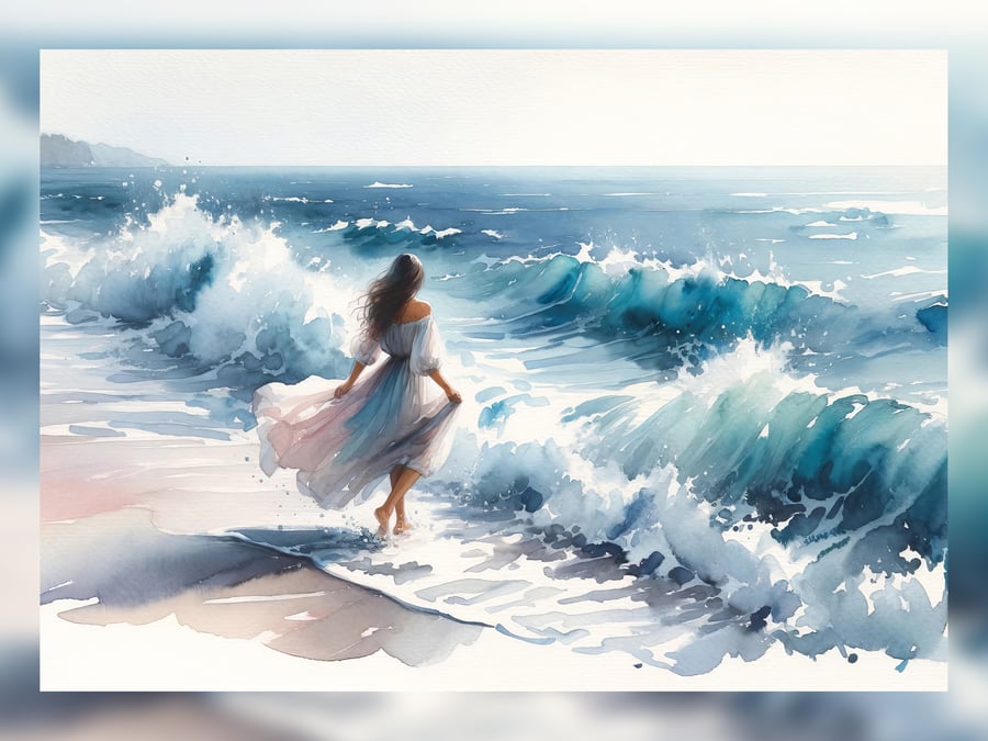 Serene Seaside Watercolor Art Print 5x7 - Coastal Elegance Wall Art
