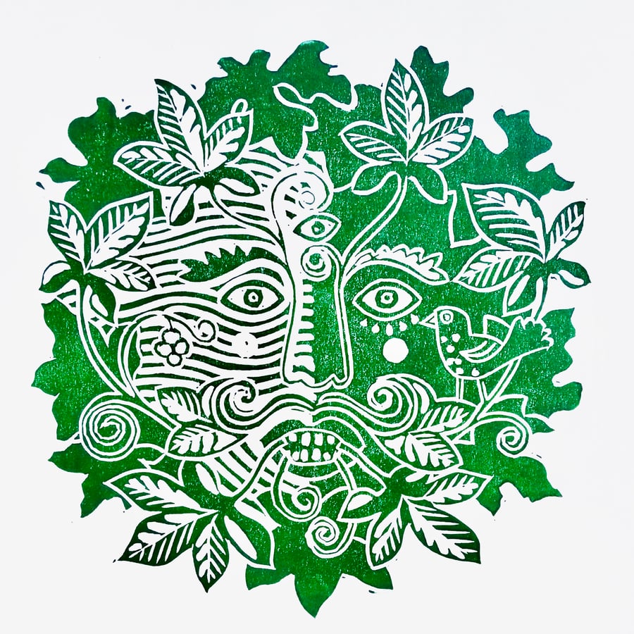 Green Man Original Lino Print