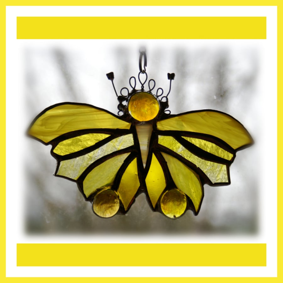 Yellow Butterfly Stained Glass Suncatcher Handmade 