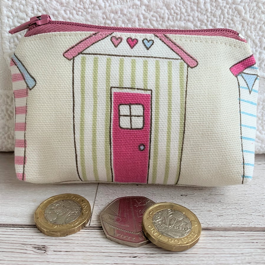 Small purse, coin purse with pastel striped beach hut