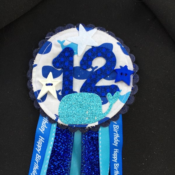 Birthday badge-Rosette Personalised - birthday whale and sealife- female