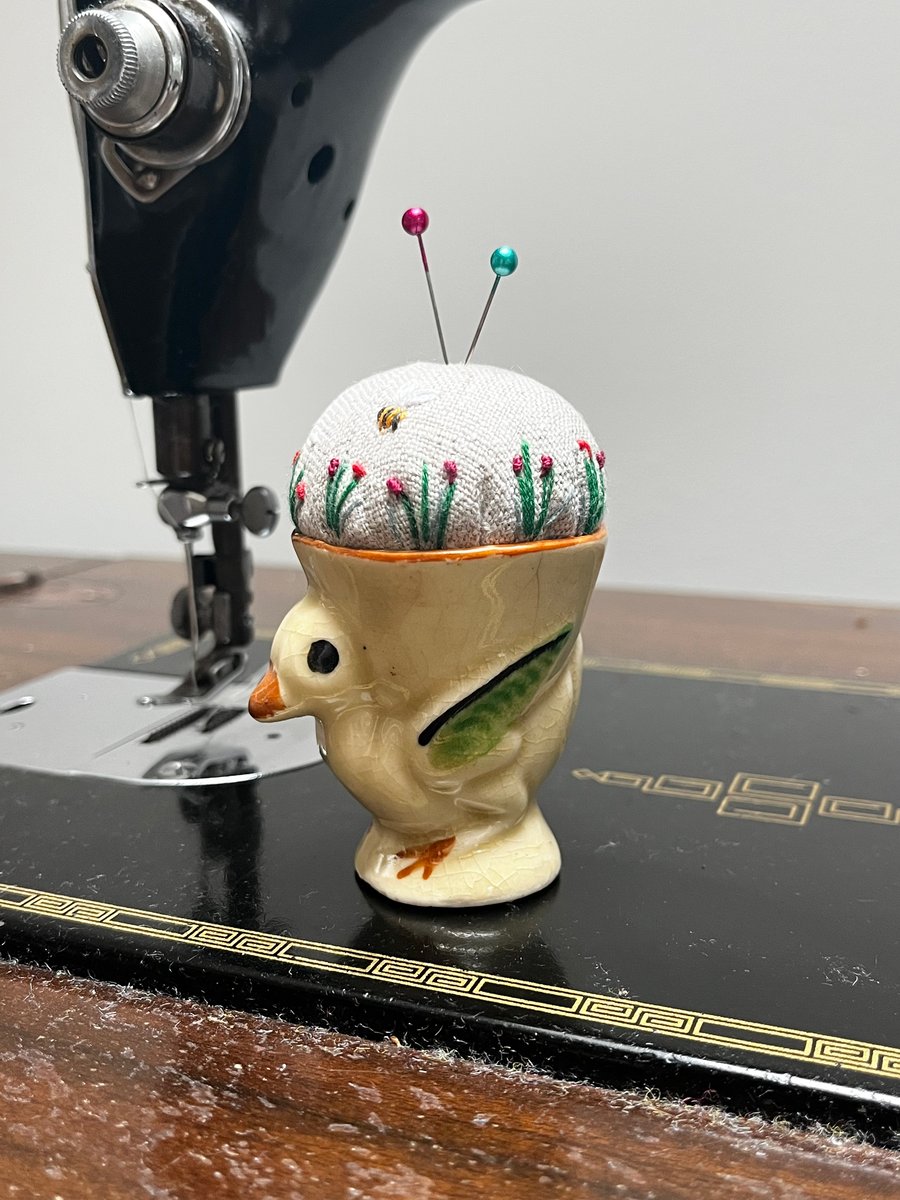 Pin cushion in a Japanese vintage bird egg cup embroidered flowers and bee