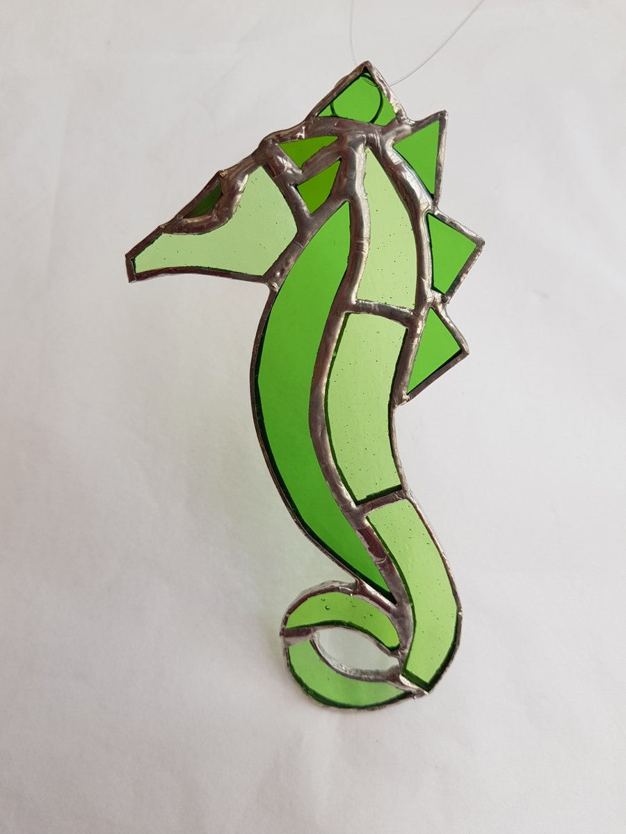 423 Stained Glass green Seahorse - handmade hanging decoration.