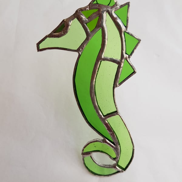 423 Stained Glass green Seahorse - handmade hanging decoration.