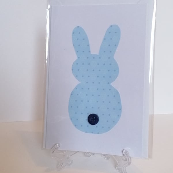 Handmade blue rabbit button greetings card 