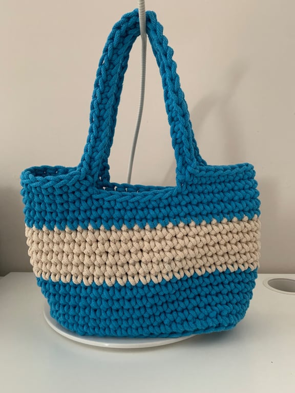 Vibrant bright turquoise and cream small tote bag