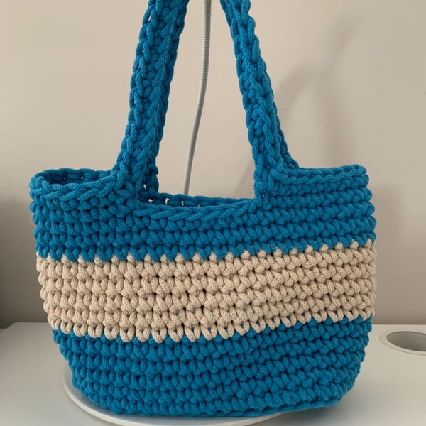 Vibrant bright turquoise and cream small tote bag