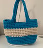 Vibrant bright turquoise and cream small tote bag