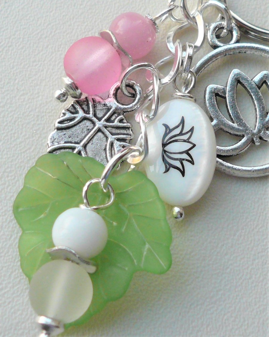Pink and White Lotus Flower Keyring Bag Charm Glass Lucite Shell Silver  KCJ2556