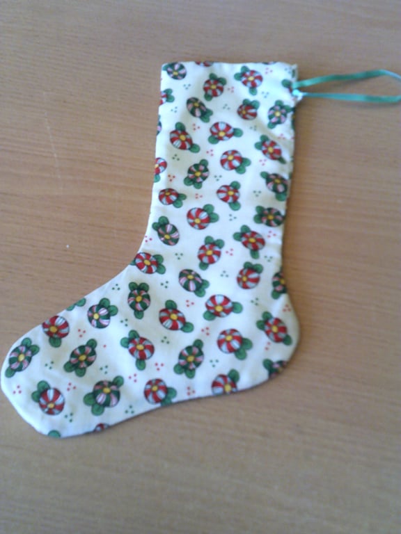 7.5 inch Stocking with Sweets on a Cream background