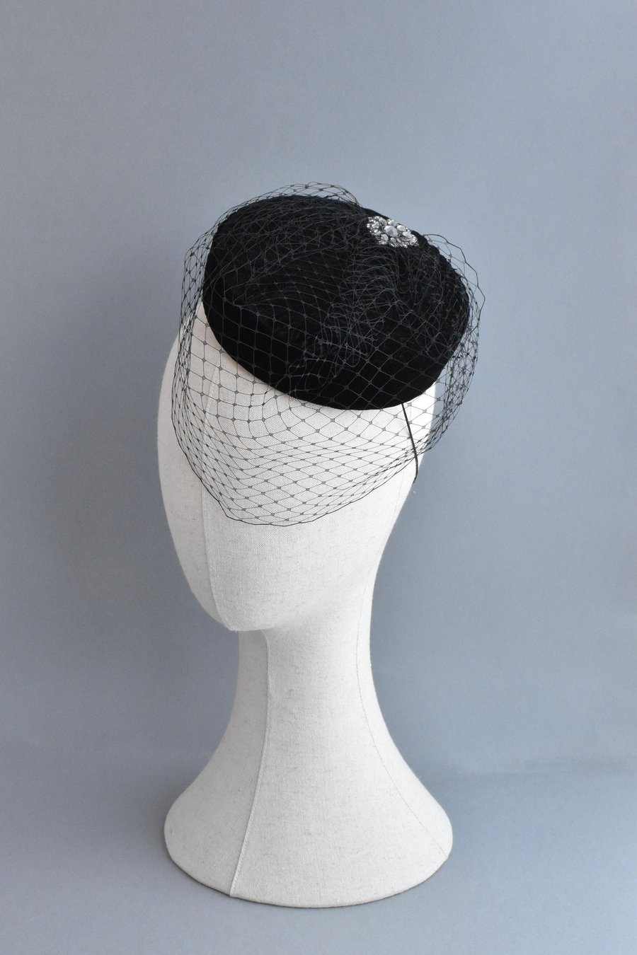 Handcrafted Black Velvet Pillbox Hat with Black Birdcage Veil