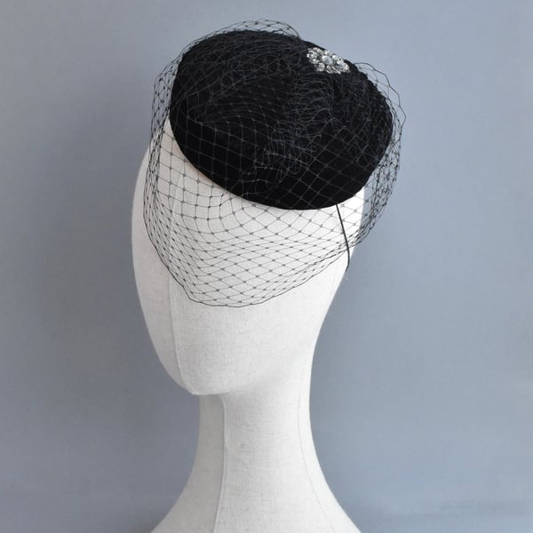 Handcrafted Black Velvet Pillbox Hat with Black Birdcage Veil
