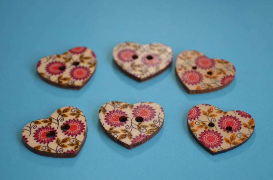 Wooden Heart Buttons Floral Pink Green Red 6pk 25x22mm (H3)