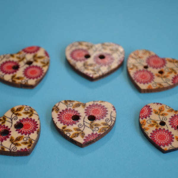 Wooden Heart Buttons Floral Pink Green Red 6pk 25x22mm (H3)