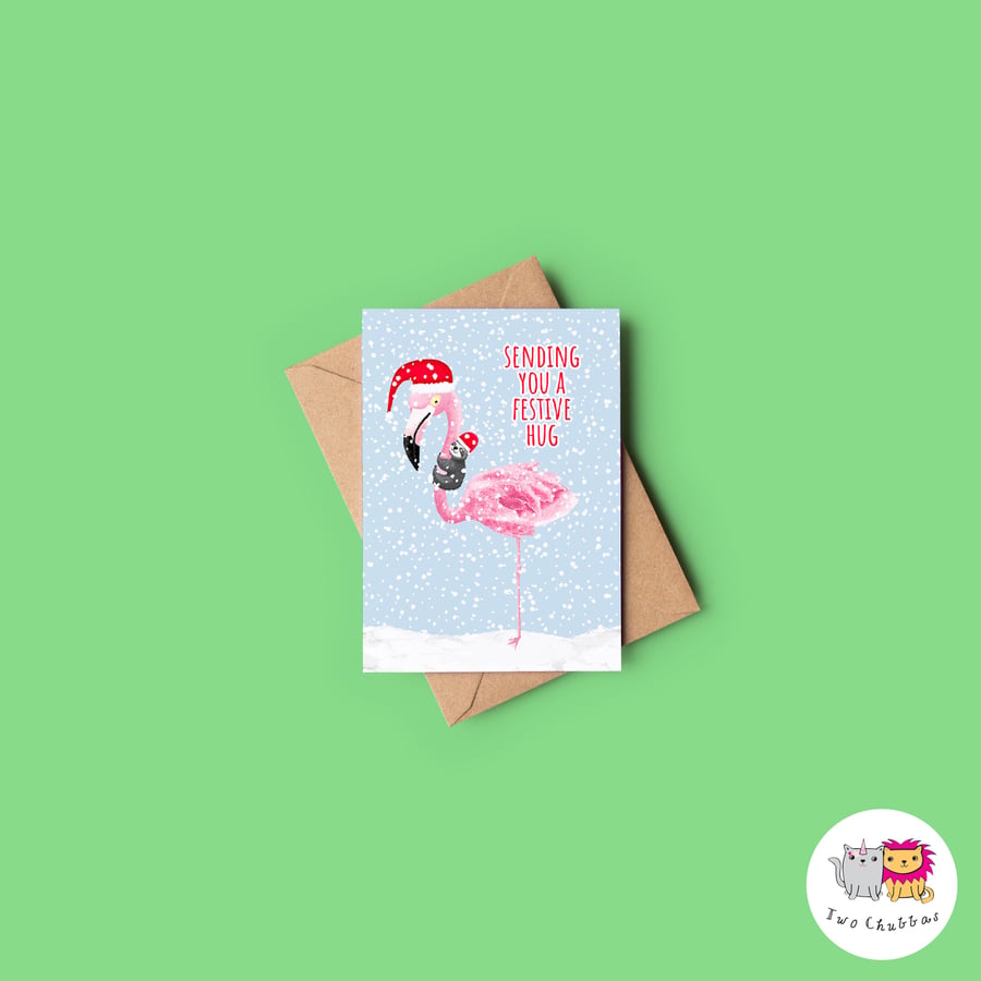 Image of Flamingo and Sloth Christmas Card, A6 Christmas Card, Cute Animal Christmas Card