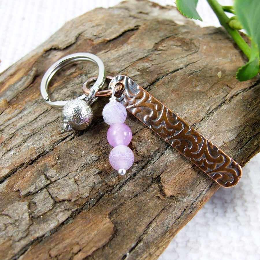 Bag Charm, Copper with Sterling Silver Stardust Bead and Purple Gemstones