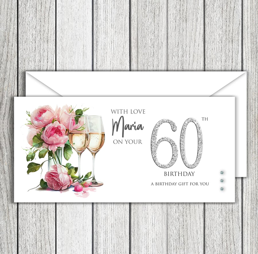 Wine & Flowers Birthday Money Gift Voucher Wallet 30th 40th 50th Any Age etc