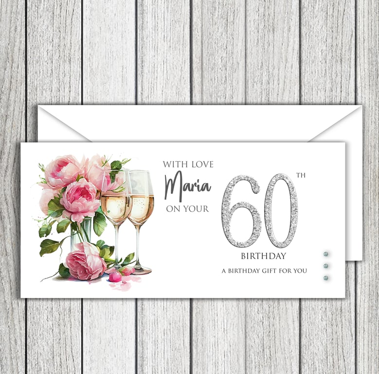Wine & Flowers Birthday Money Gift Voucher Wallet 30th 40th 50th Any Age etc