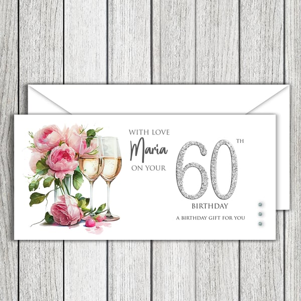 Wine & Flowers Birthday Money Gift Voucher Wallet 30th 40th 50th Any Age etc