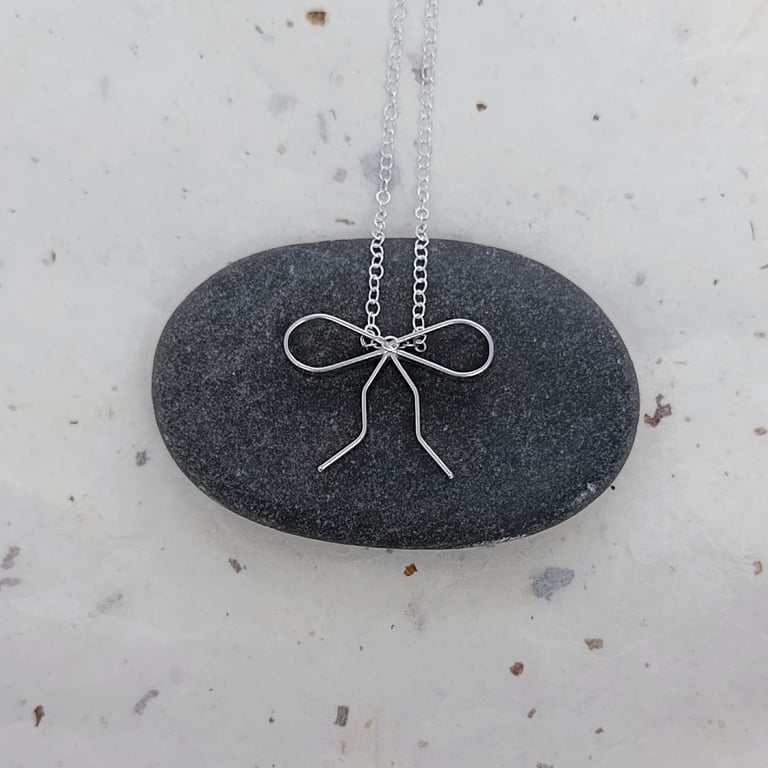 Sterling Silver Bow Necklace - Handcrafted Flat Wire Pendant