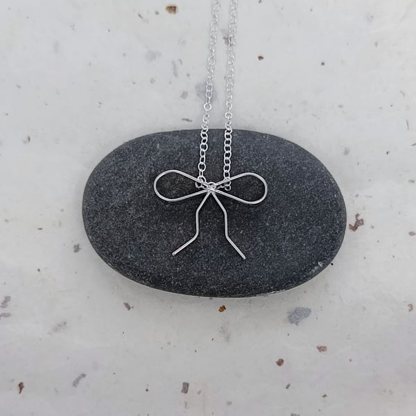Sterling Silver Bow Necklace - Handcrafted Flat Wire Pendant