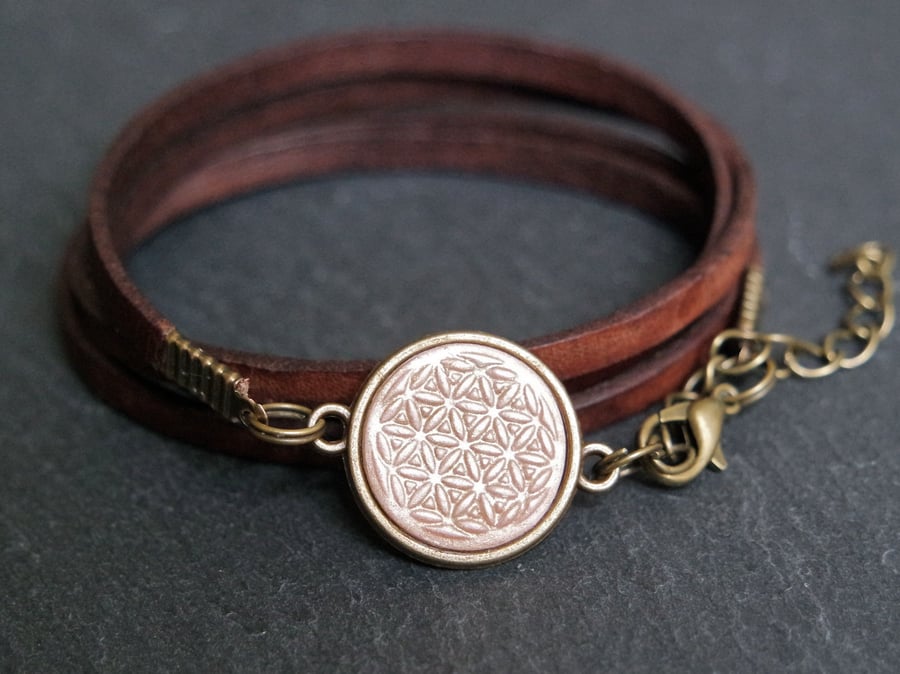 Leather bracelet - flower of life mandala dusky-pink-gold bronze brown