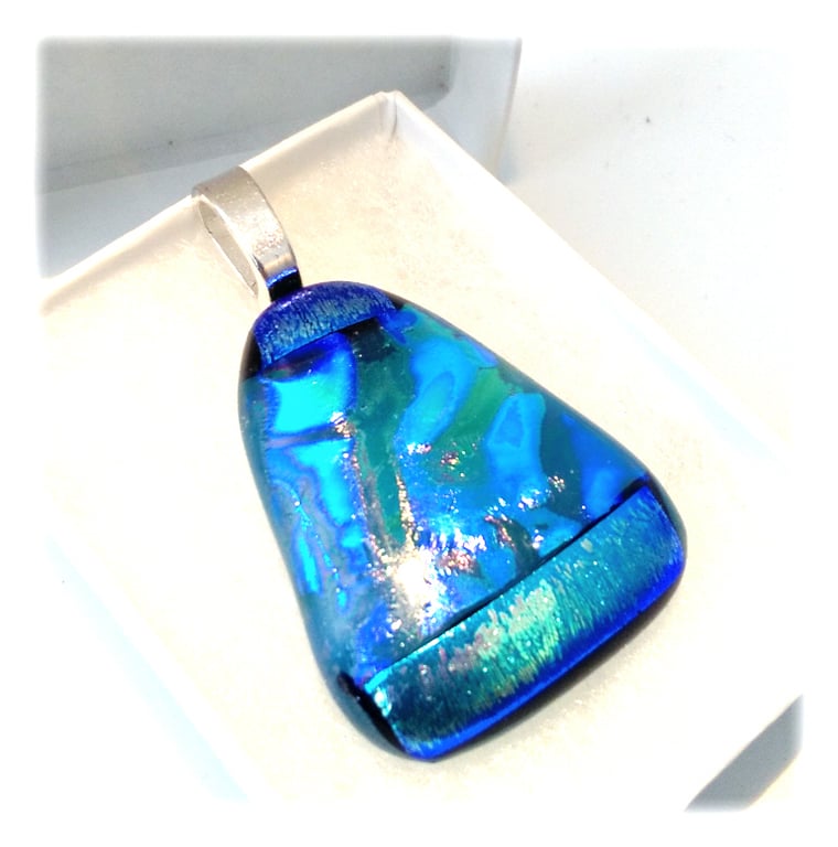 Dichroic Glass Pendant 006 Emerald Triangle Handmade with silver plated chain