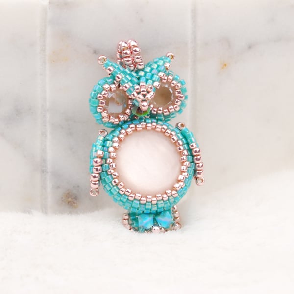 Turquoise & blush pink beaded owl pendant, Handmade gift for bird lovers