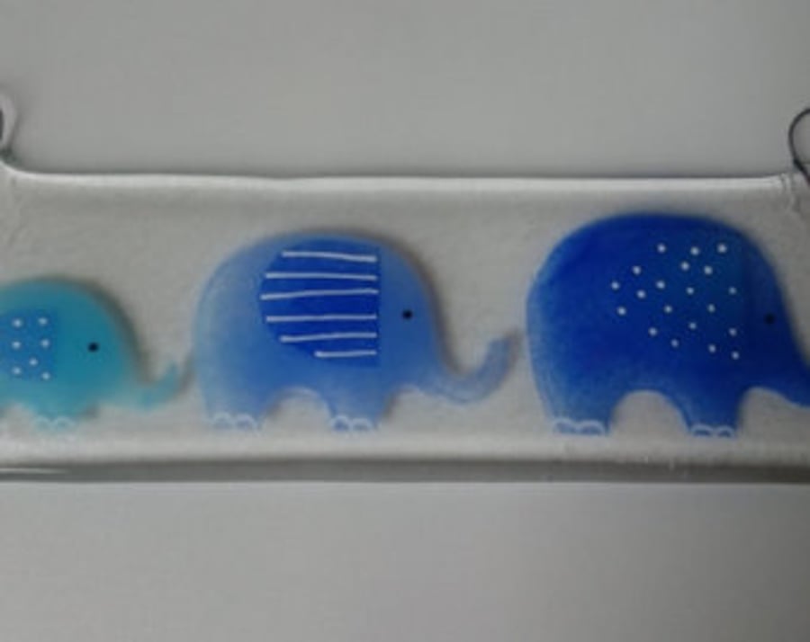Fused Glass Elephant Hanger, elephant family, new baby, blue