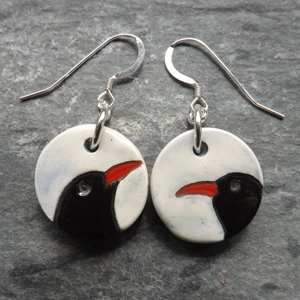 Handmade Ceramic and sterling silver Chough drop earrings