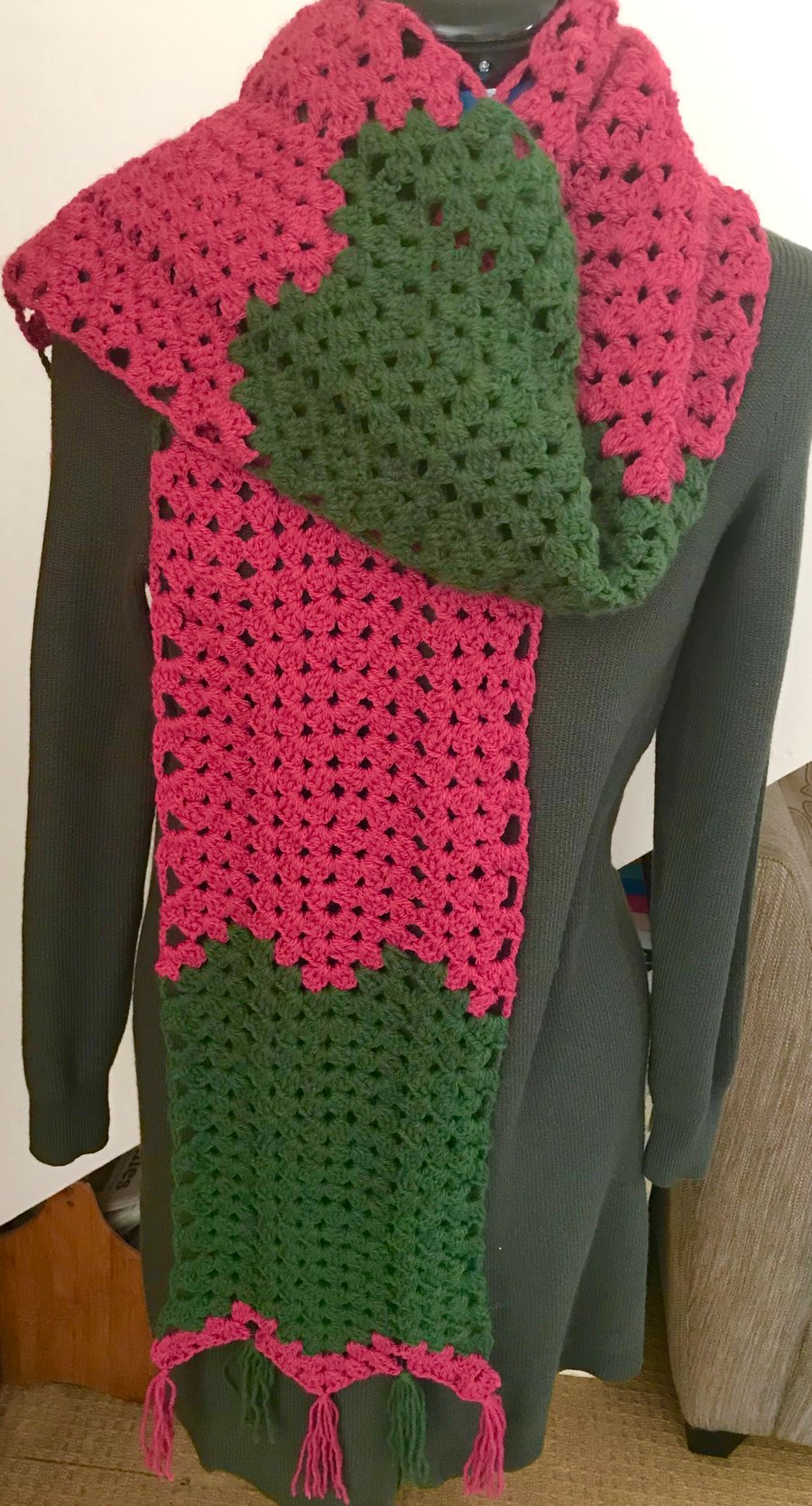 Beautiful, crochet scarf in raspberry pink and khaki green