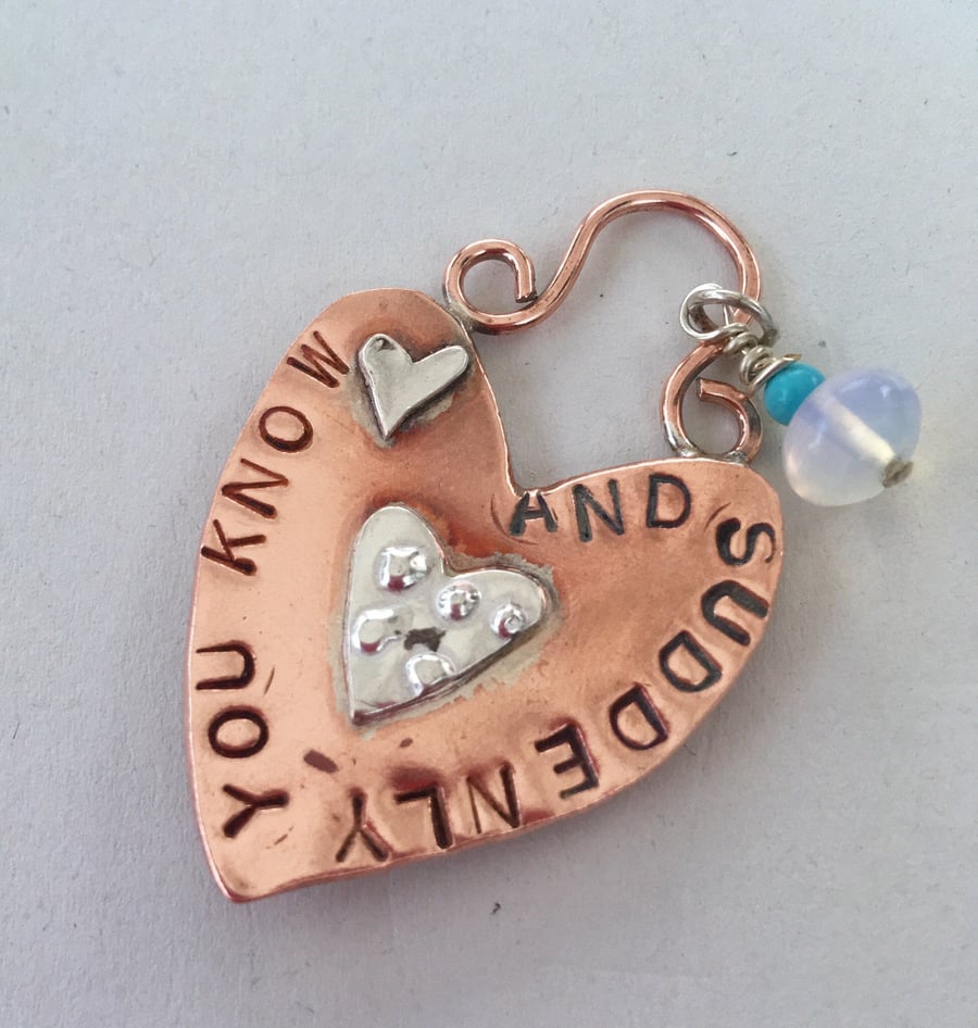 Personalised heart pendant in copper and silver. Free Postage.