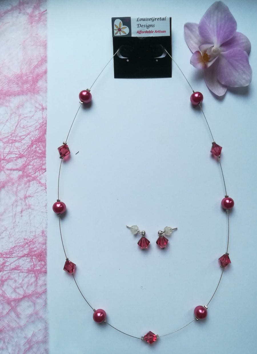 Indian Pink Swarovski Floating Necklace and Earrings set