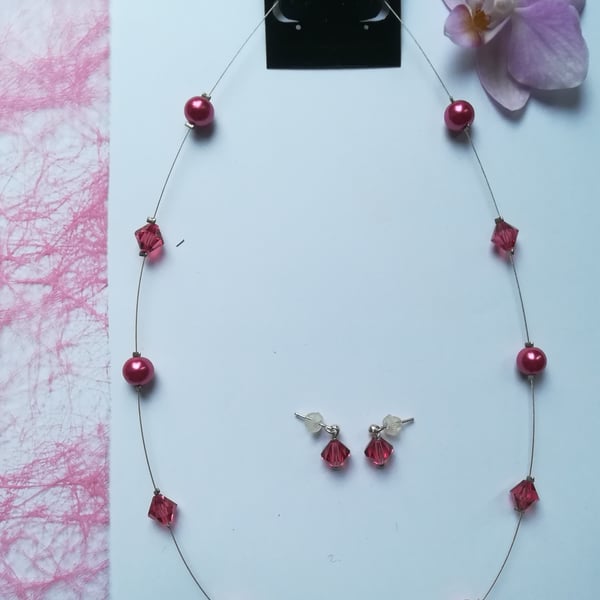 Indian Pink Swarovski Floating Necklace and Earrings set