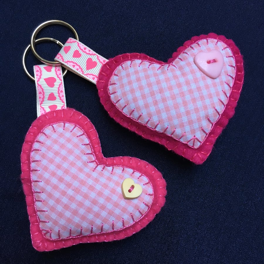 Pink and Cerise Felt Heart Button Keyring Bagcharm