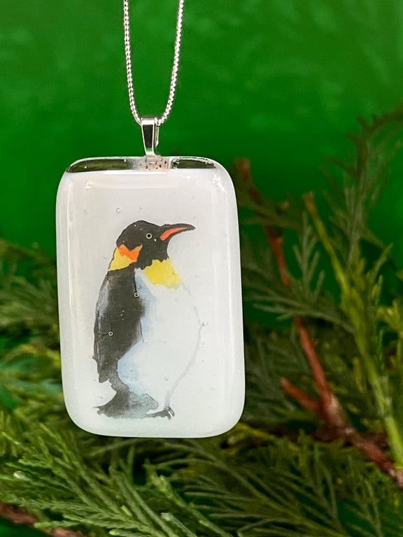 Unique Christmas Penguin Card with Artisan Fused Glass Tree Decoration