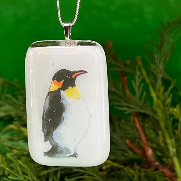 Unique Christmas Penguin Card with Artisan Fused Glass Tree Decoration