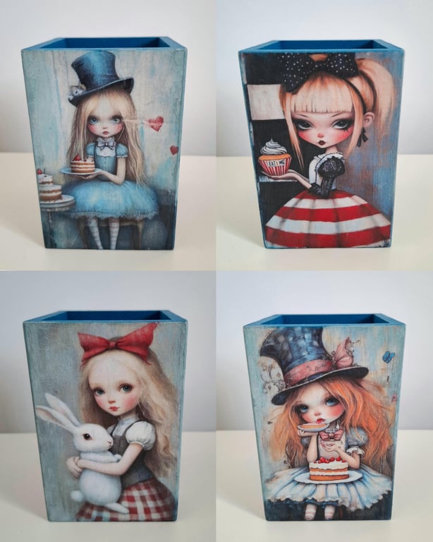 Decoupage Wooden Pen Pot, Steampunk White Rabbit Organiser