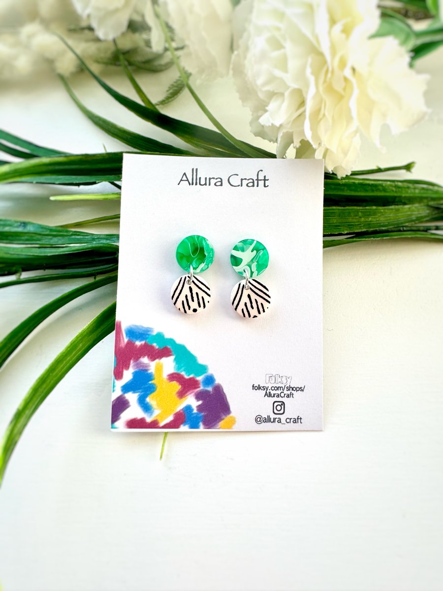 Black & White Tribal with Green Double Circle Earrings 