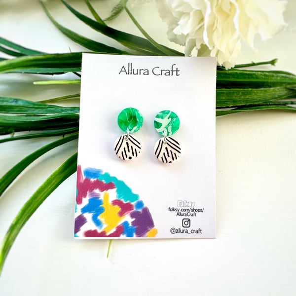 Black & White Tribal with Green Double Circle Earrings 